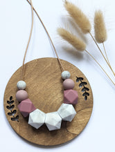 Load image into Gallery viewer, Beaded breastfeeding necklace with marble and blush pink berry coloured beads on a tan cord
